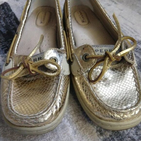 Sperry Top Sider Gold Metallic Leather Snakeskin Preppy Loafer Size 7.5 - Picture 3 of 9